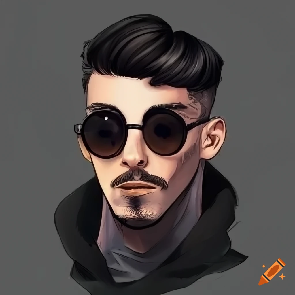 A british guy, with cool round sunglasses, black hair