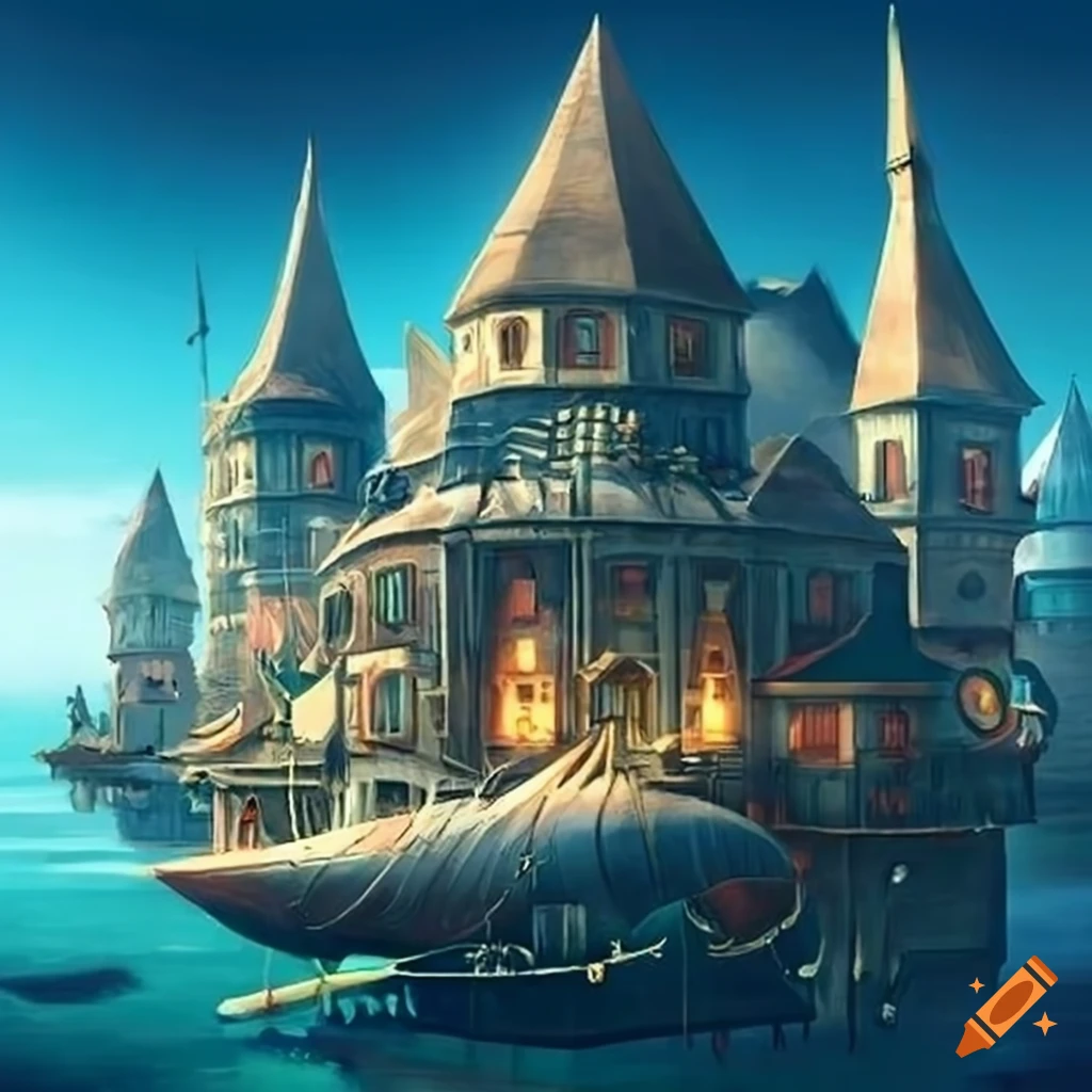 Fantasy town with airships and docks on Craiyon