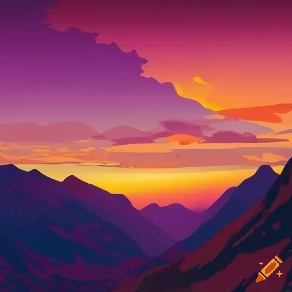 Mountain landscape with colorful sunset