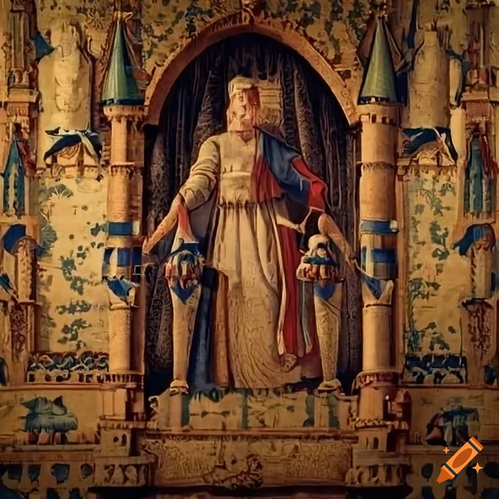 Medieval tapestry of castle and figures in high definition on Craiyon