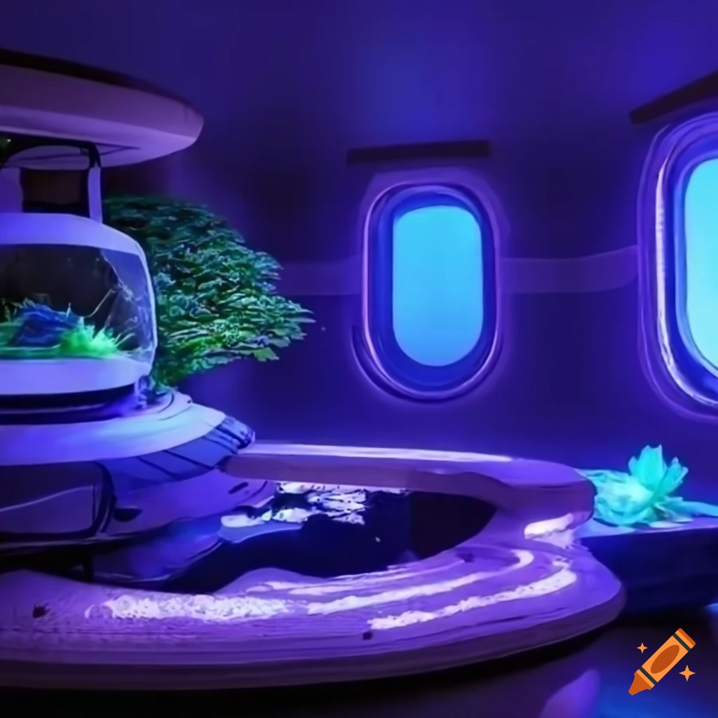 Detailed music studio in futuristic lounge room of spaceship with