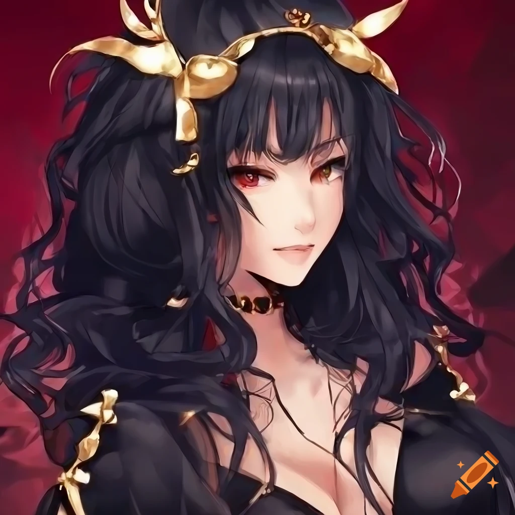 Pretty girl with short wavy black hair, black robes with gold jewelry