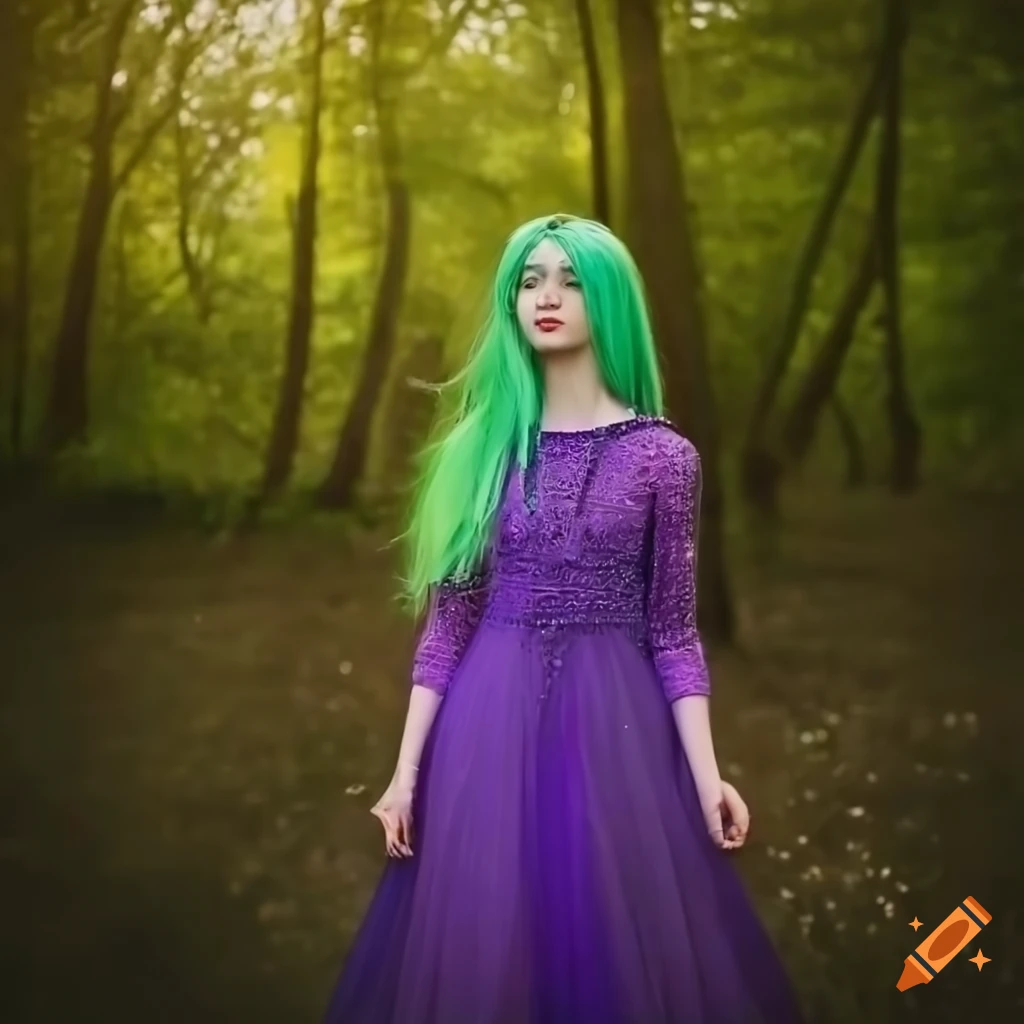 purple hair green dress Green-haired girl in the wind wearing a purple rhinestones dress Standing  in forest field Plants on Craiyon