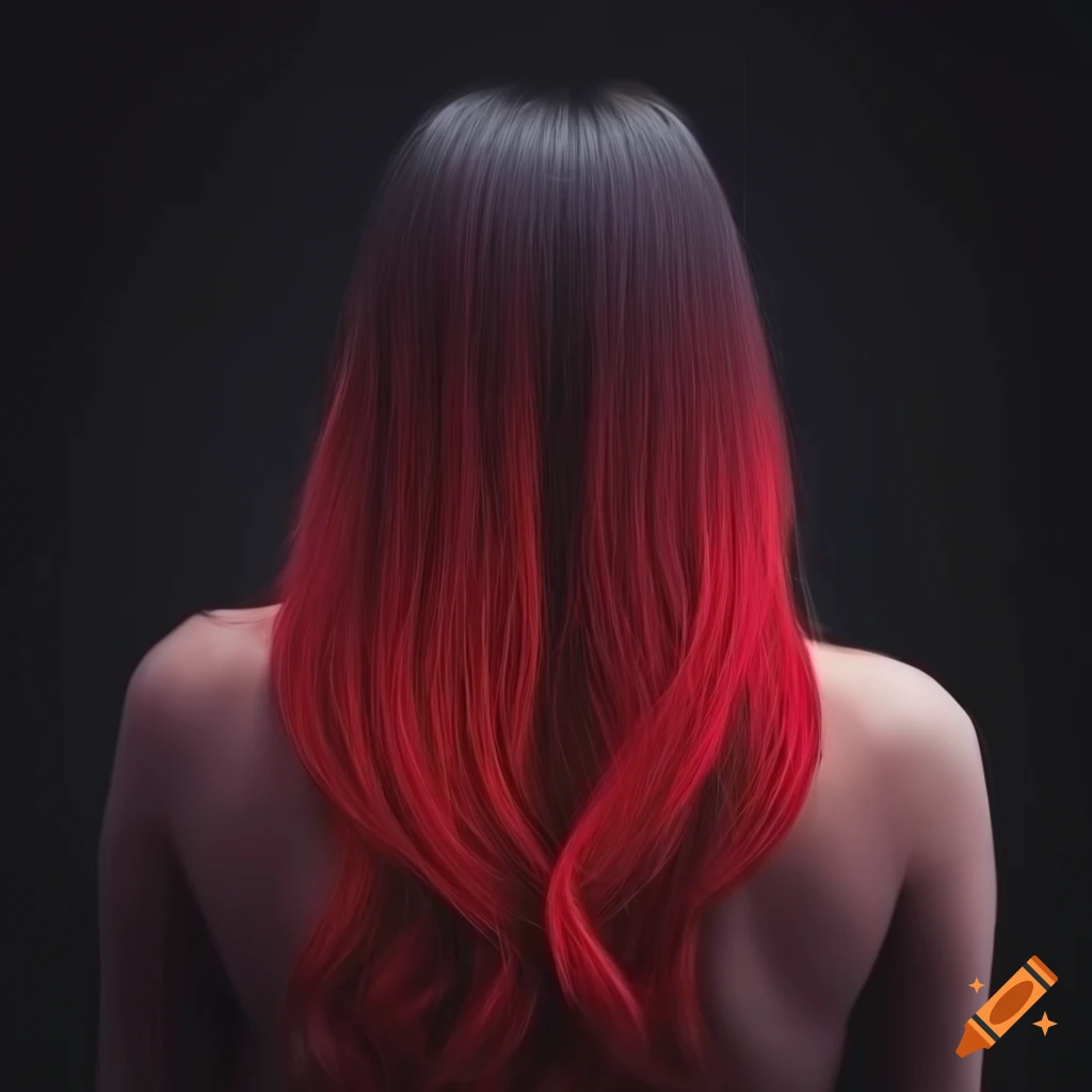 Woman portrait with long black to red ombre hair, from behind on Craiyon