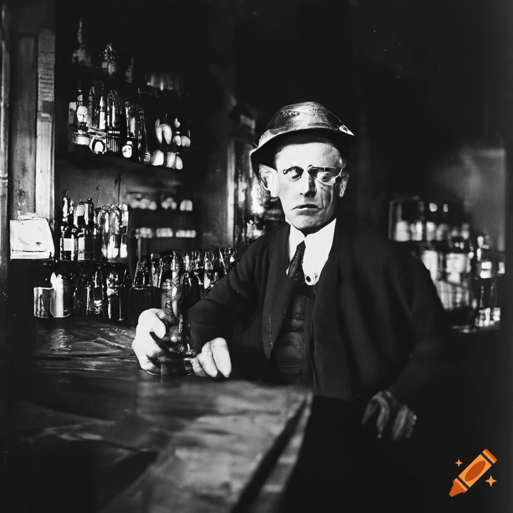 In the style of walker evans, coal miners in a bar