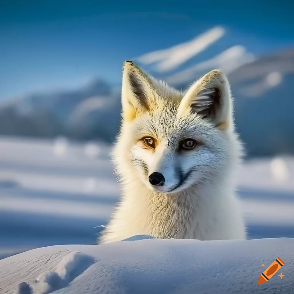 Cute white fox on a snowy field with mountains and pines on the ...