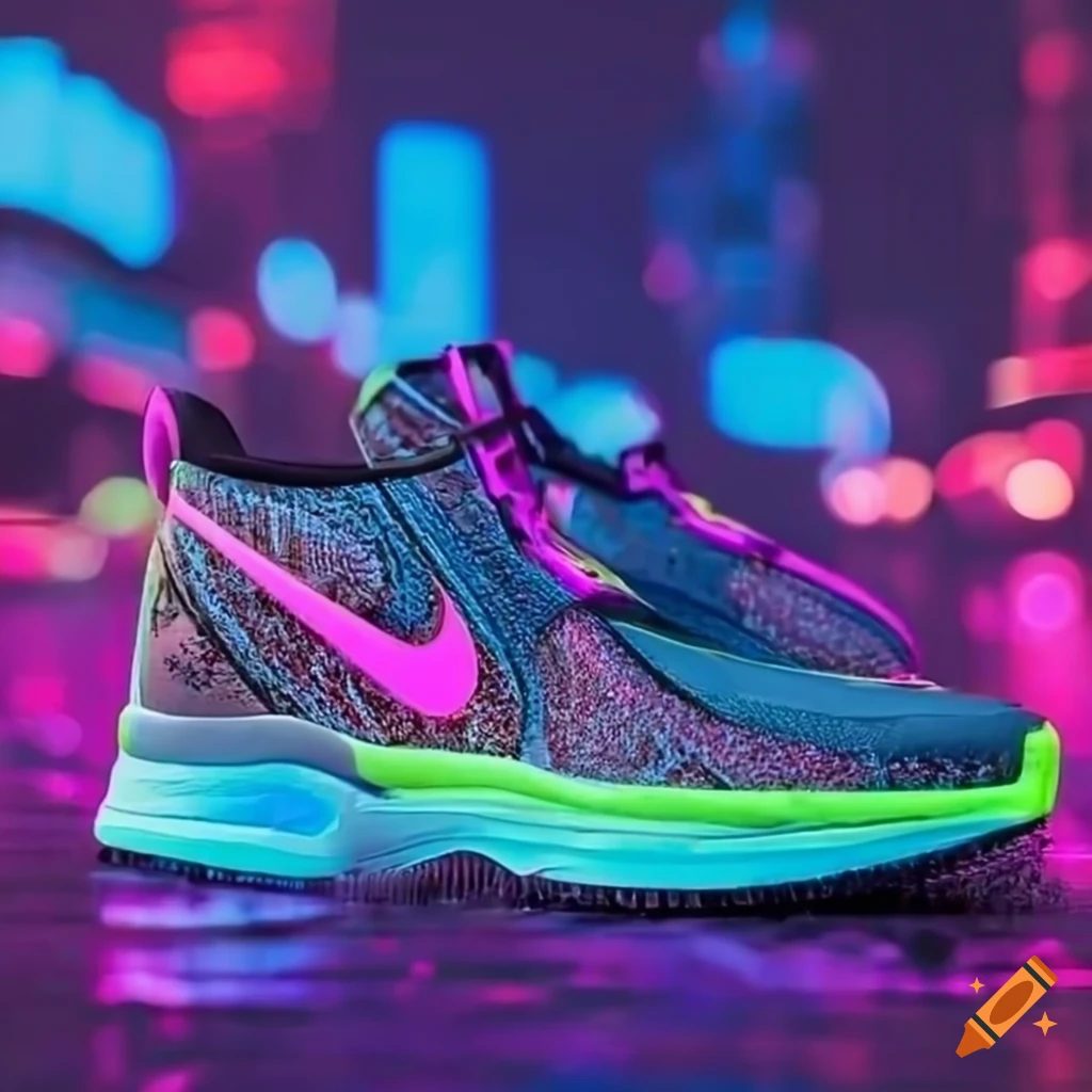 Futuristic neon nike shoes hyper realistic 3d in neon city with rain on  Craiyon
