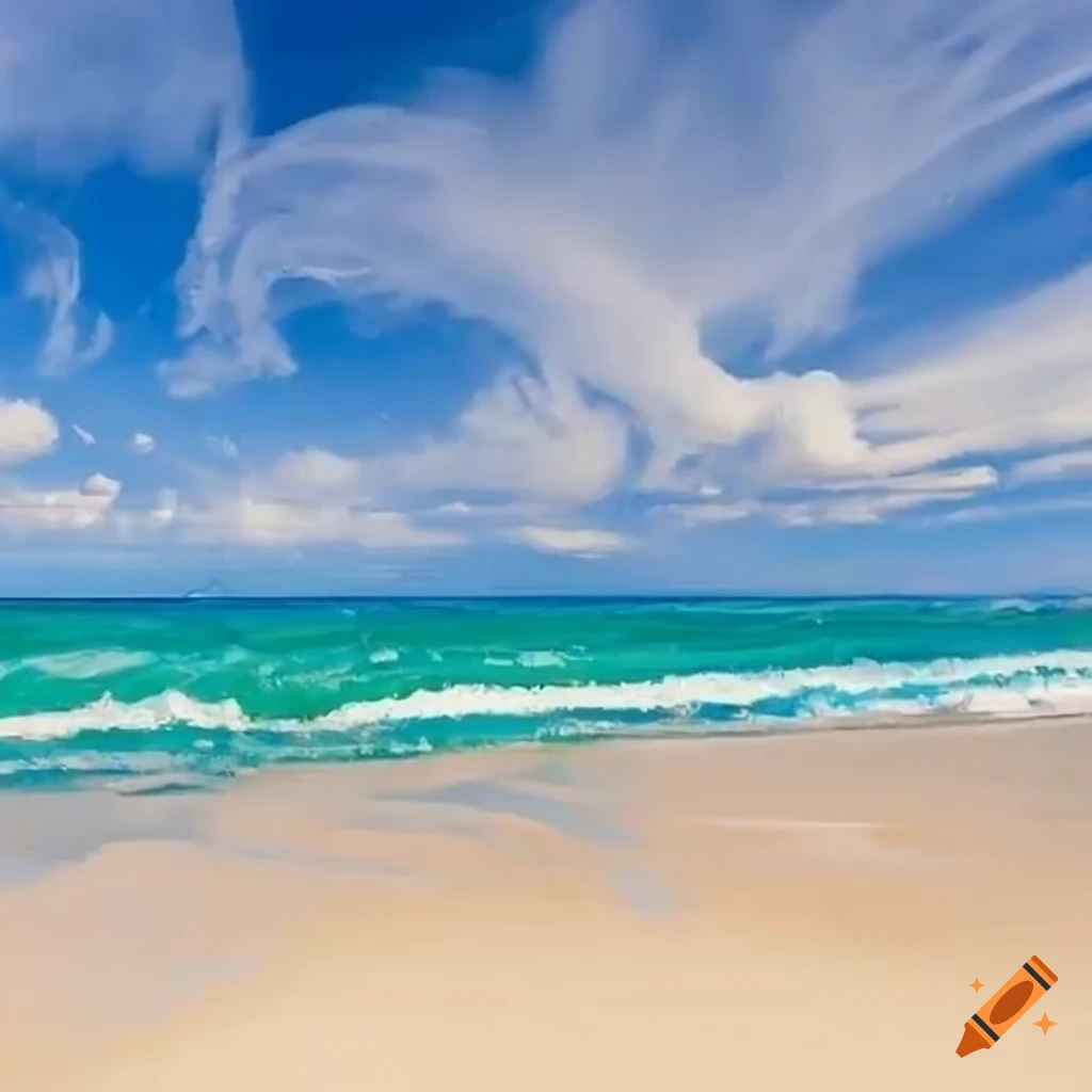 Beach painting with coconut palm tree, white sand and running waves use