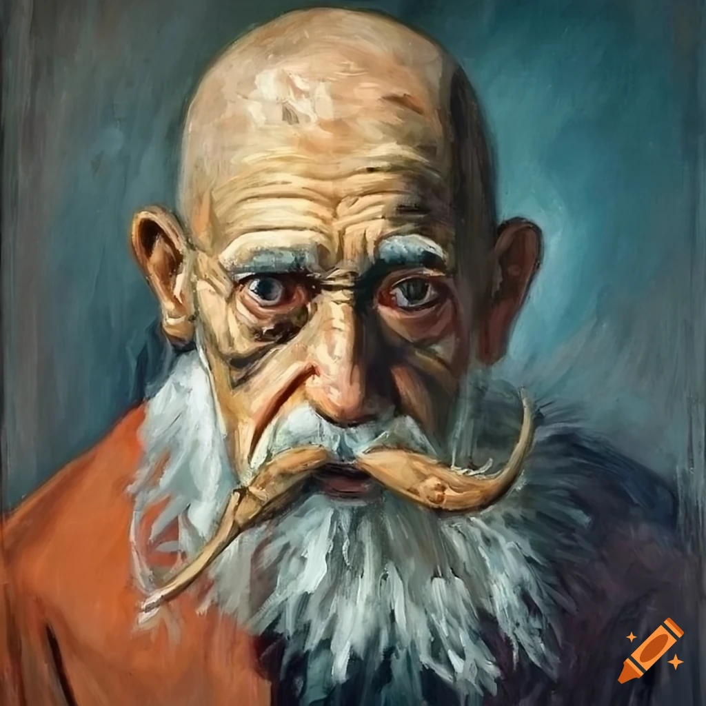 Picasso-like oil portrait of an old man with a mustache and balding