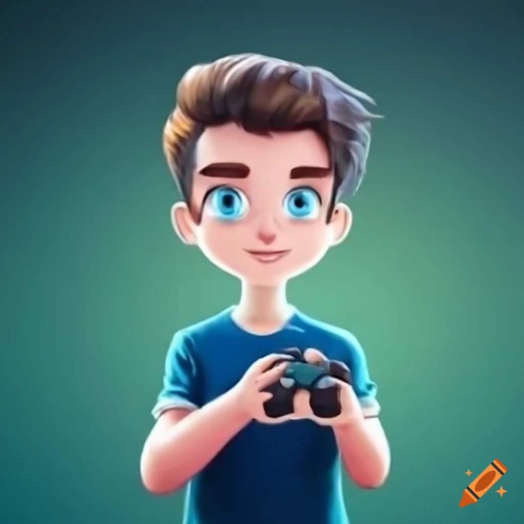 Smart, happy, gaming, cartoon young man with light blue eyes holding gaming controller, very appealing profile picture YouTube