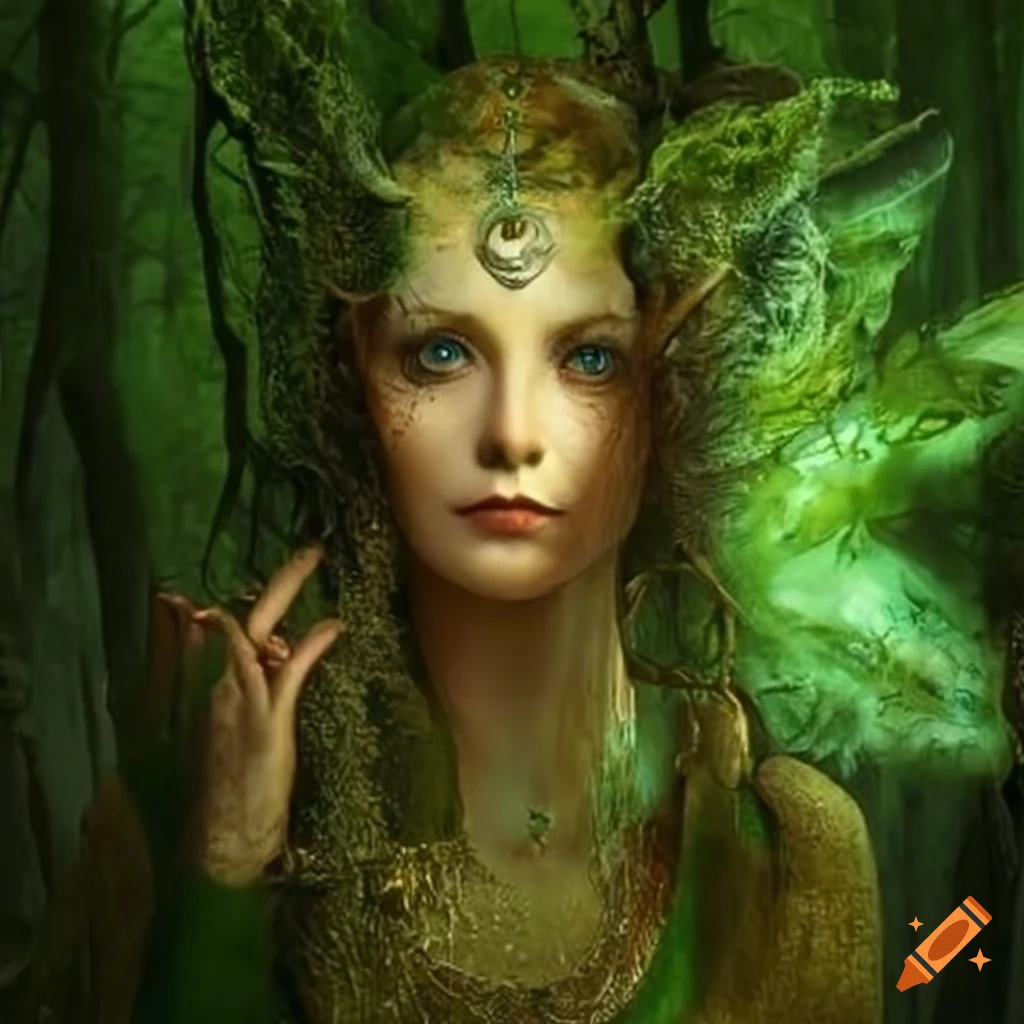 Ancient irish fairy queen in an old growth woodland on Craiyon