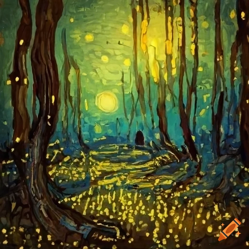 Fireflies in a magical forest in the style of van gogh painted with