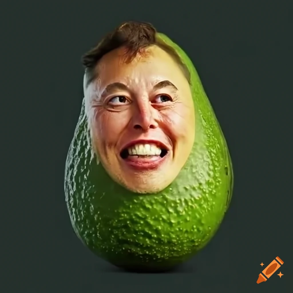 Elon musk's face on a dark green avocado with a funny expression on Craiyon