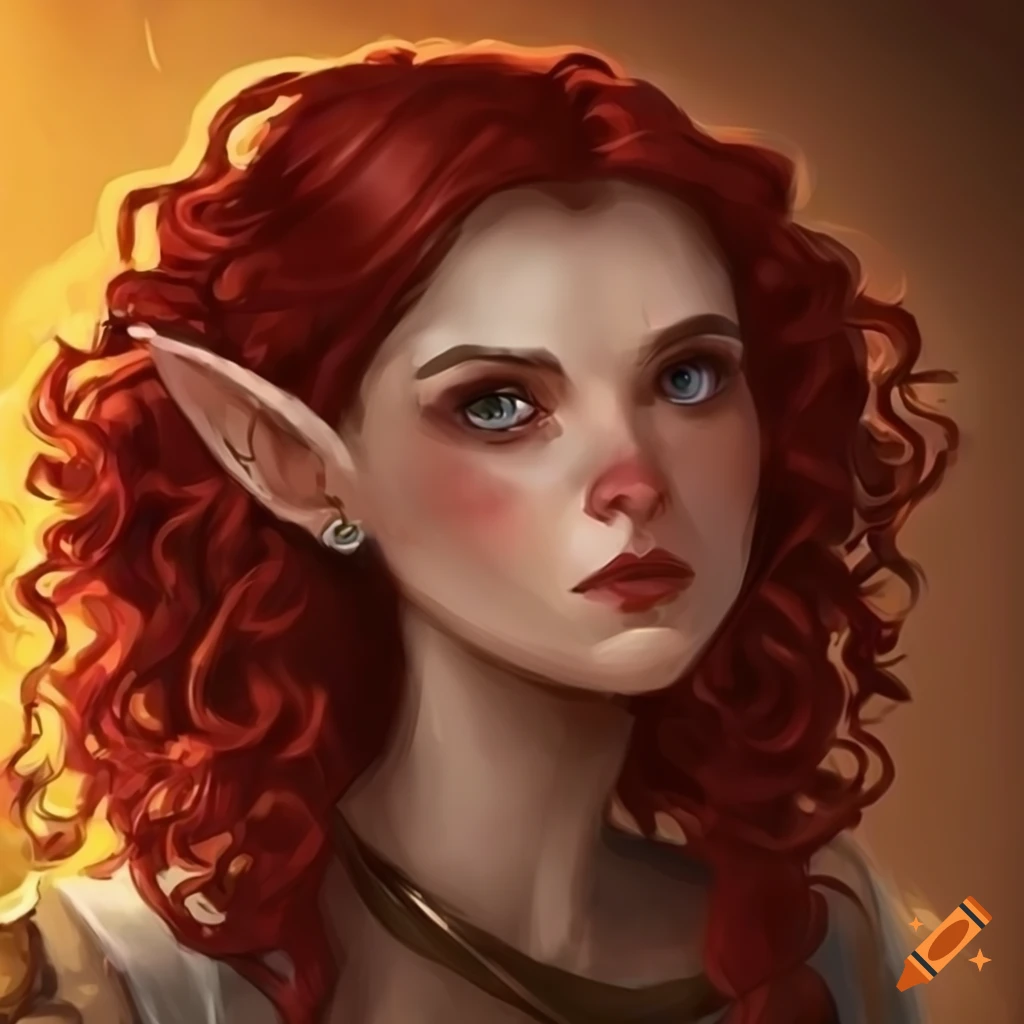 Dnd 5e, beautiful half elf, fairy tale princess, red, with gold flecks