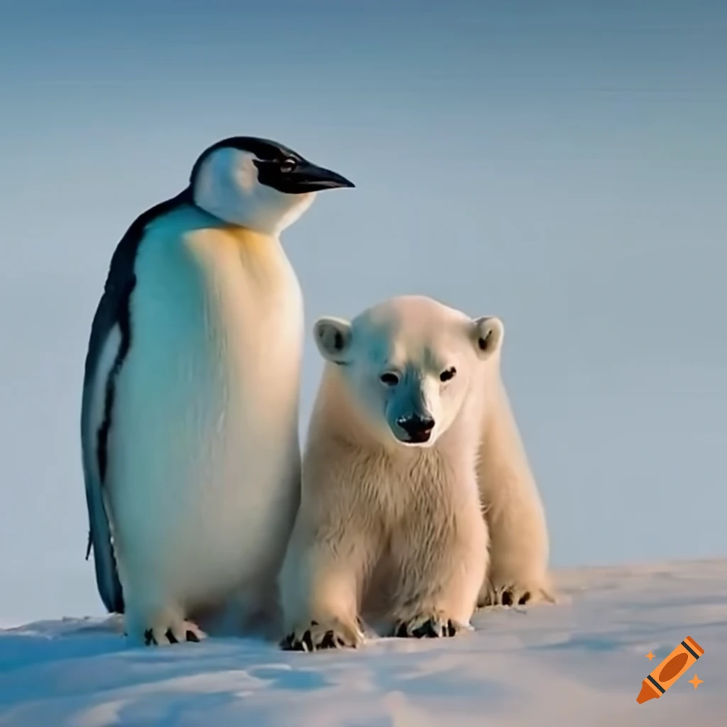 Penguin And Young Polar Bear On Hill On Craiyon