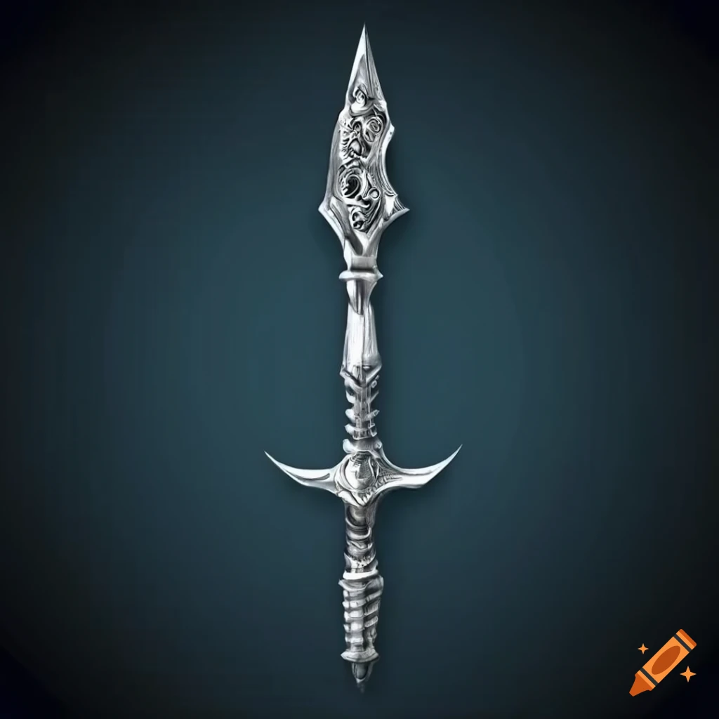 Illustration Of A 6 foot Silver Spear With Intricate Dragons Engraved illustration-of-a-6-foot-silver-spear-with-intricate-dragons-engraved