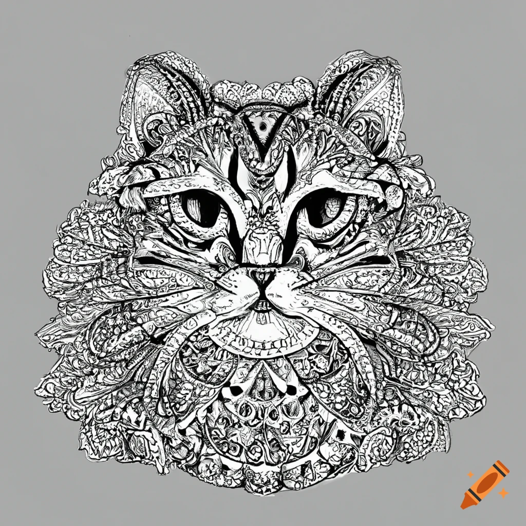 Simple mandala art for kids, cat image (persian) , white background, clean  line art, fine line art--hd--ar 2:3 --v 5 on Craiyon