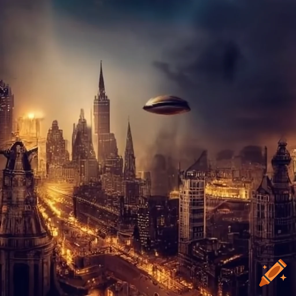City in steampunk style with flying airships in sky on Craiyon