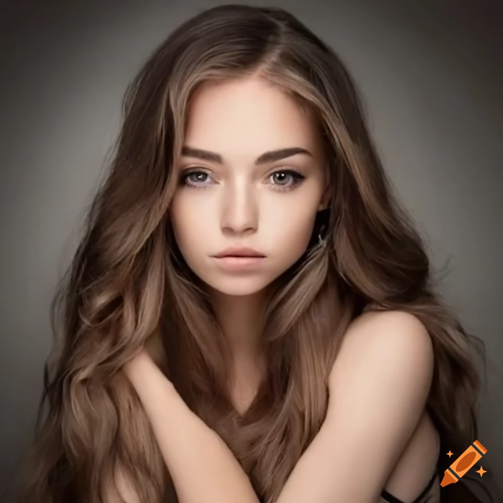Chica estadounidense, piel blanca, cabello castaño ligeramente ondulado y ojos grandes color avellana