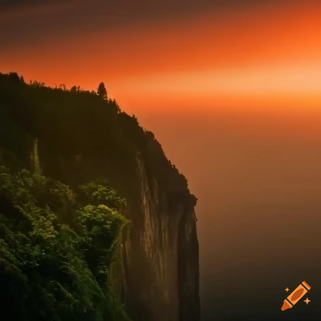 Sunset view from high cliff with clouds and dense vegetation on Craiyon