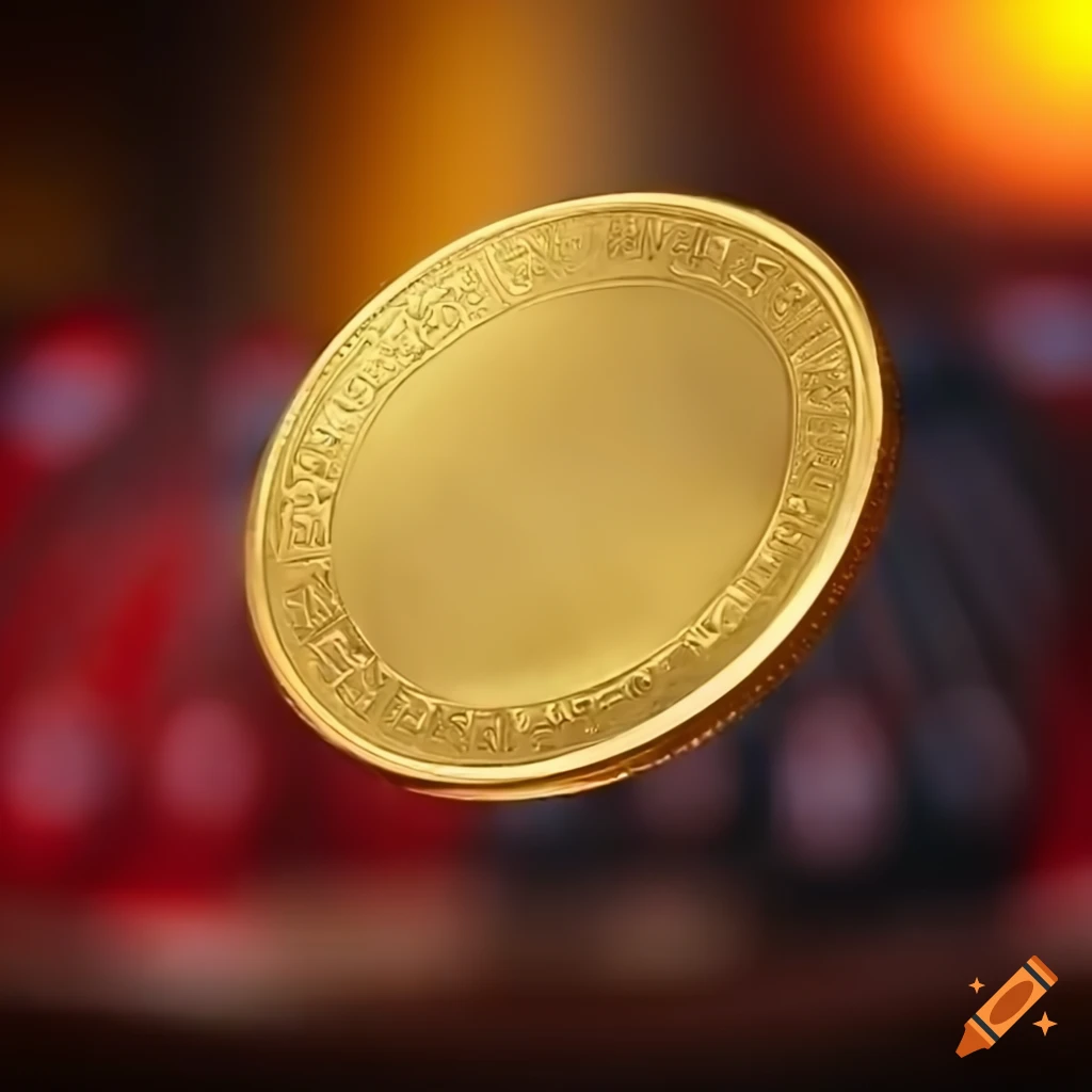 gold coin in mid-air in front of a casino background
