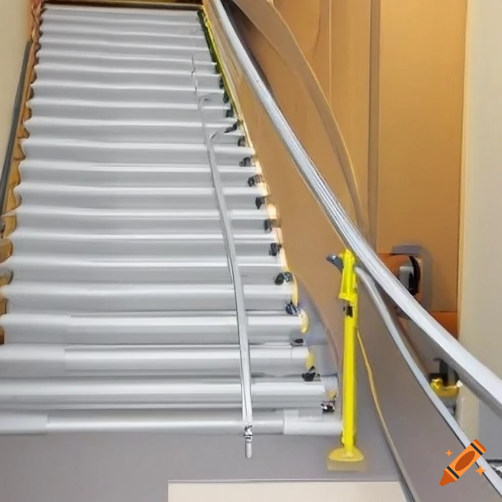 Technical drawing stair case with guardrail floor indicators for
