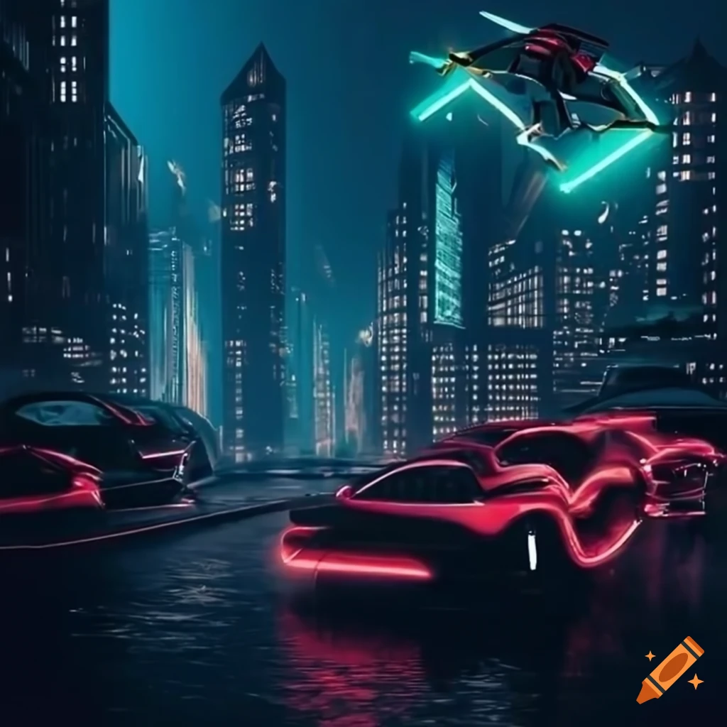 A dark futuristic city with neon lights and flying cars on Craiyon