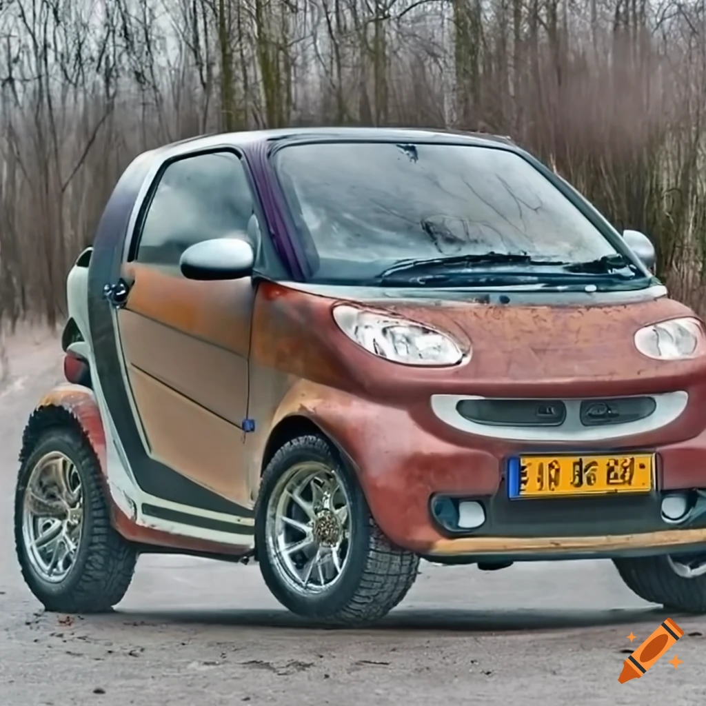 A 2008 model smart fortwo with lifted suspension, off road tires, and a  rusty patina paint scheme on Craiyon