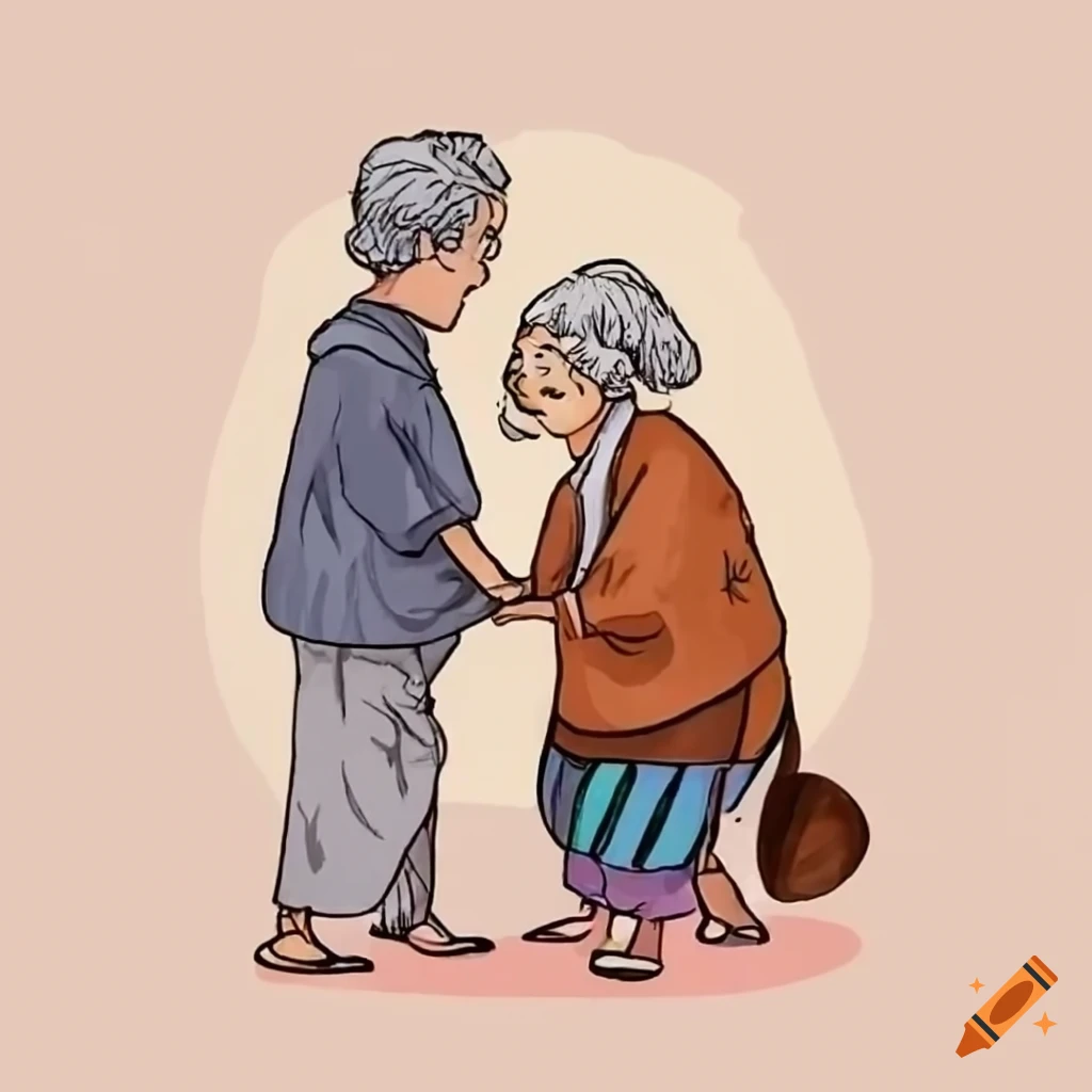 Grandpa And Grandma From The Japanese Momotaro Story Dancing Big Outlines Drawing Simplistic
