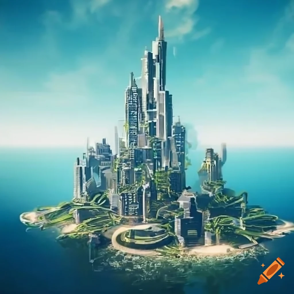 A solarpunk city with white skyscrapers, plants and the ocean nearby