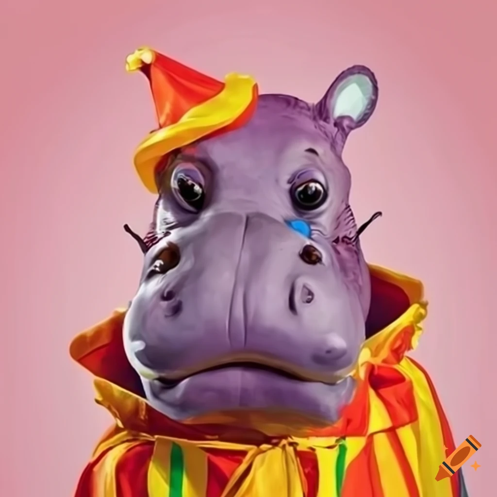 Sad hippo dressed as a clown