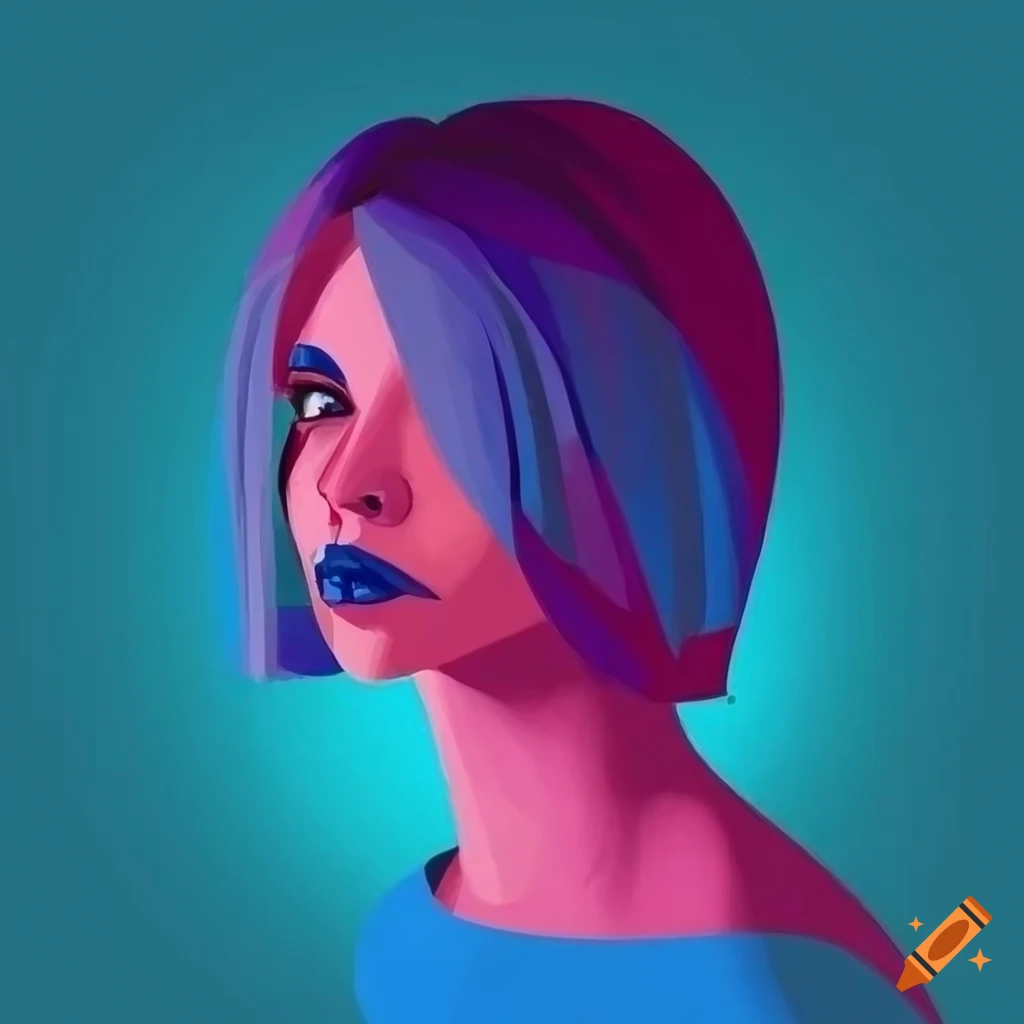 Minimalist, simple portrait woman with blue hair, in the style of ...