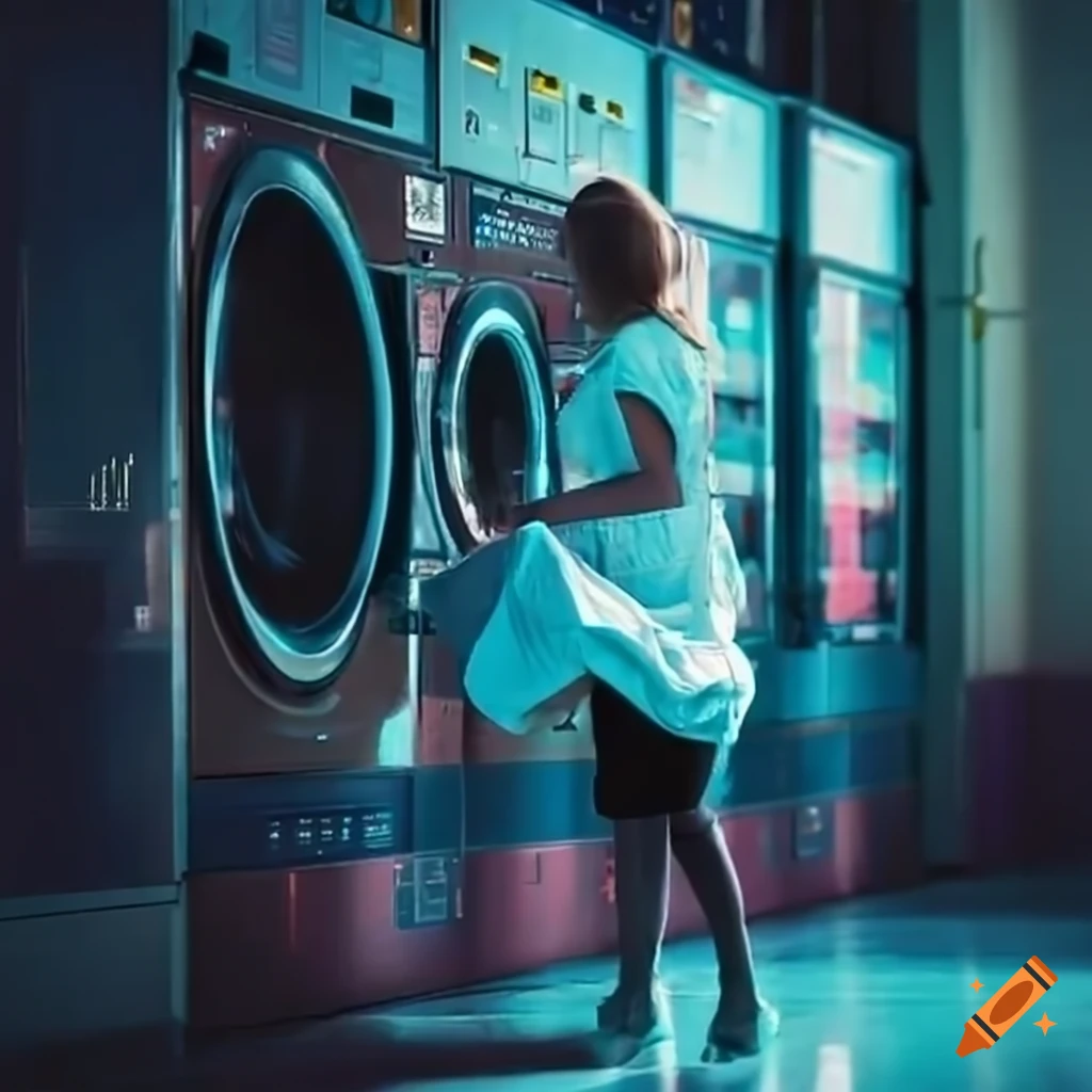 Woman doing laundry in a city laundromat on Craiyon