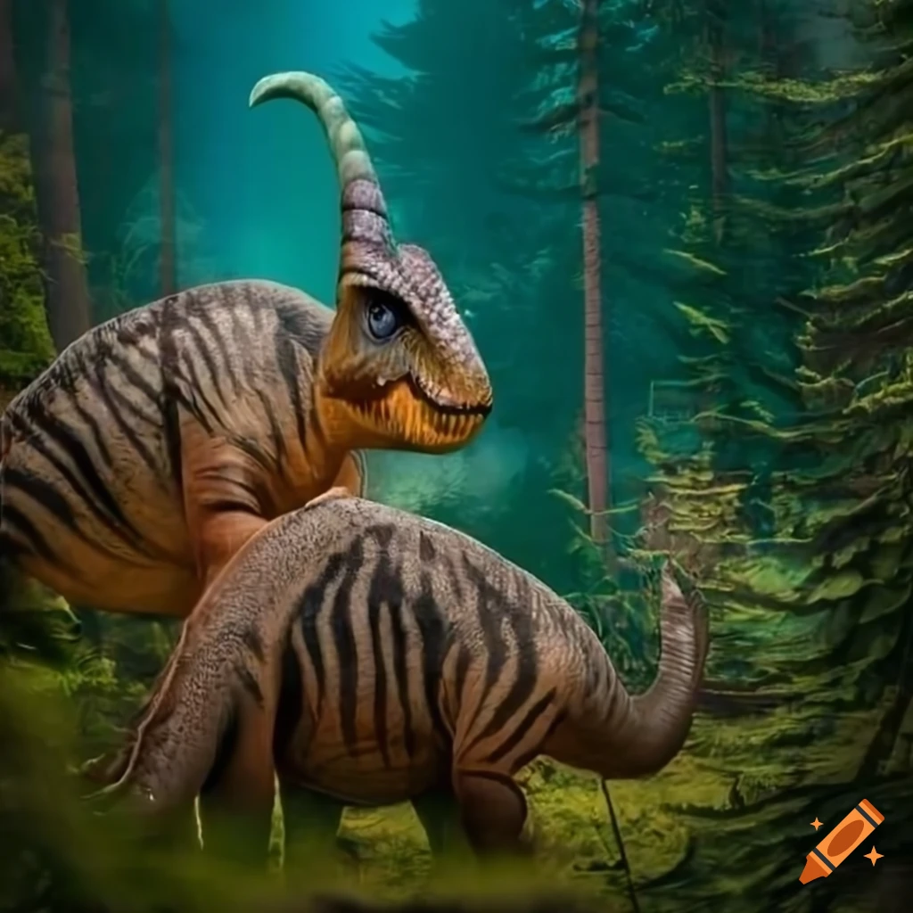 Hadrosaurs Two brown and grey striped hadrosaurs in a forest of British Columbia ...