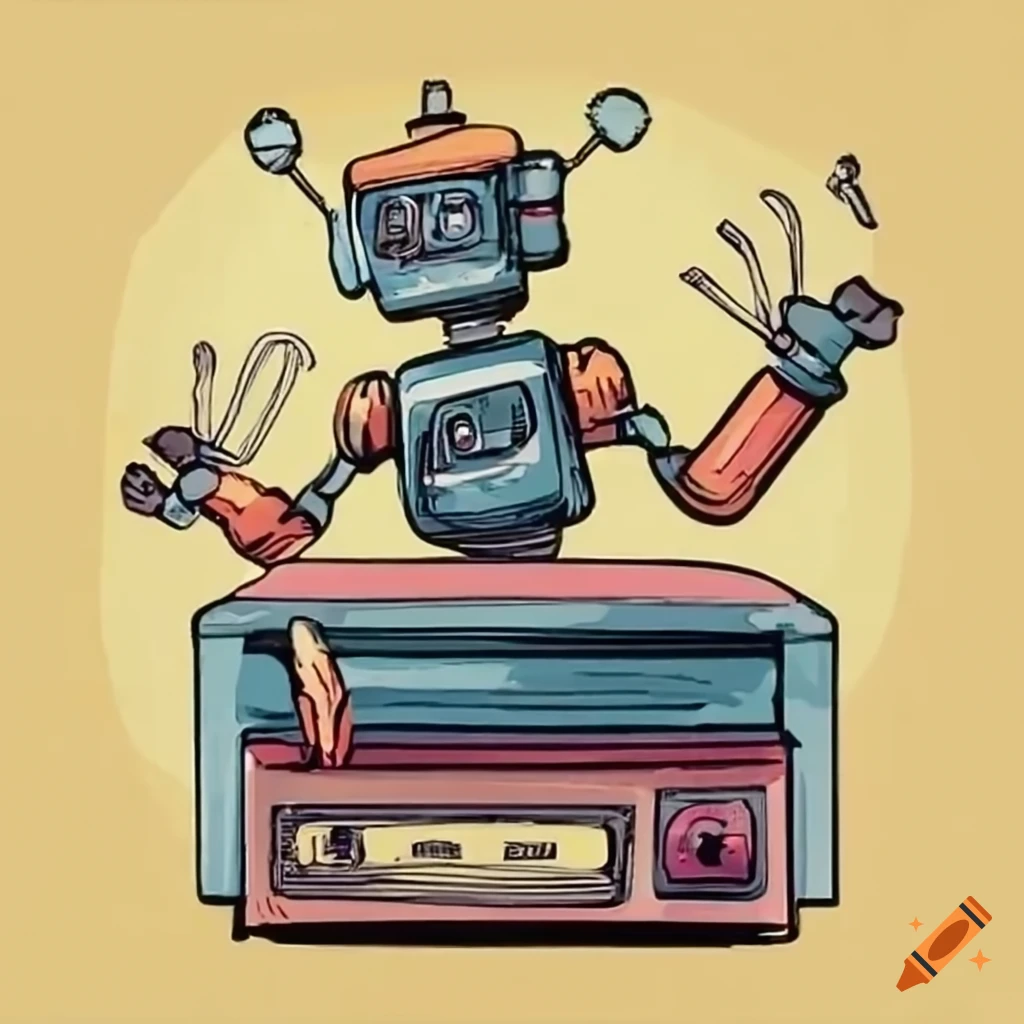 Vintage robot fixing vinyl record player with tools in black ink