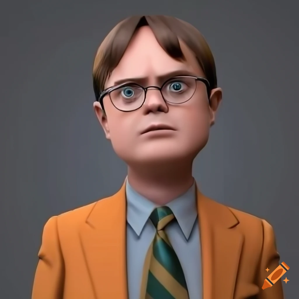 Dwight schrute wearing a orange suit in a black background, 3d render