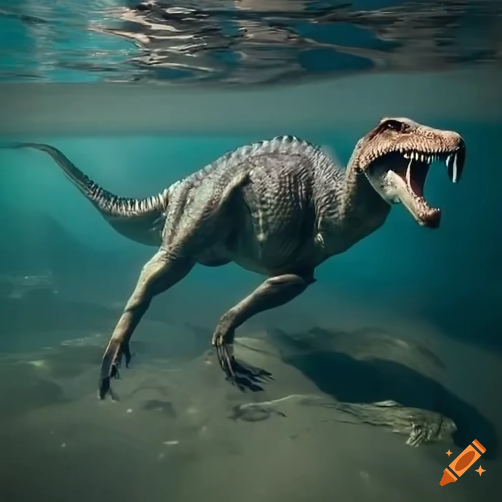 A baryonyx wading on a stream in british columbia seen like in an split ...