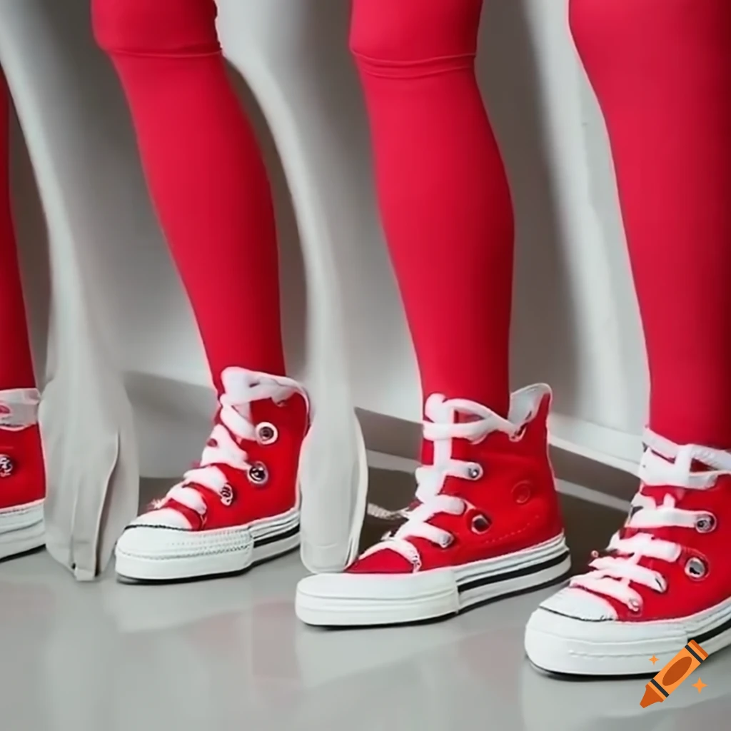 White leggings with red converse sneakers in a row on Craiyon