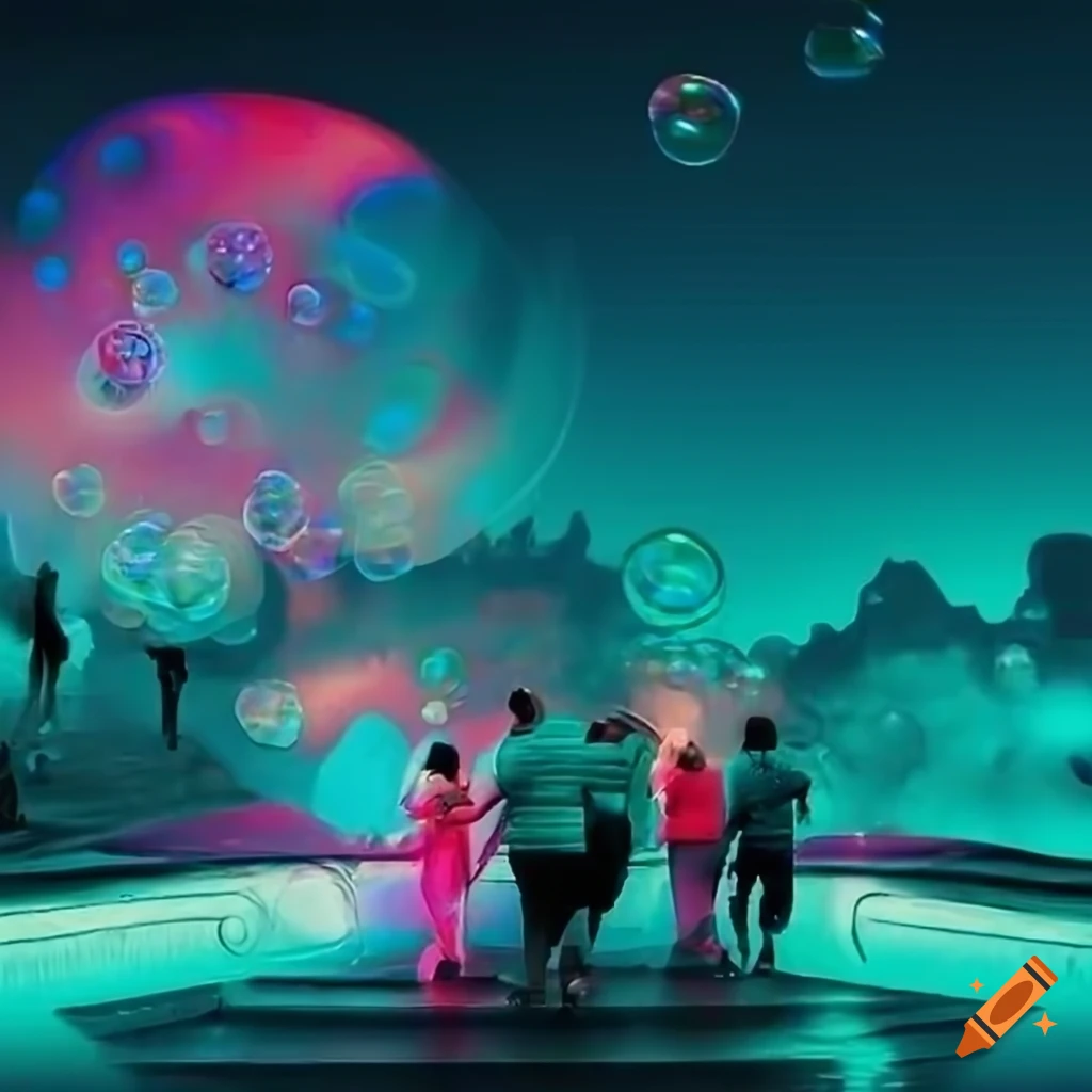 People enjoying a virtual surreal futuristic amusement park bubbles in 2560  retro-futurism inspired highly detailed photorealistic high definition ar:  16/9 18k vibrant faded teal blue green yellow pink orange outpainting  outpaint out-paint