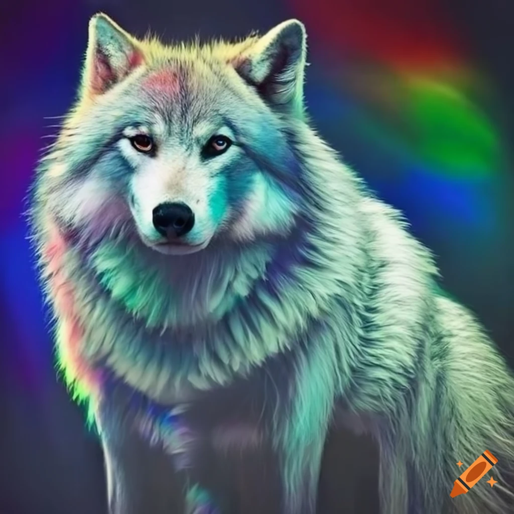 Chromatic white wolf with rainbow stripes on fur