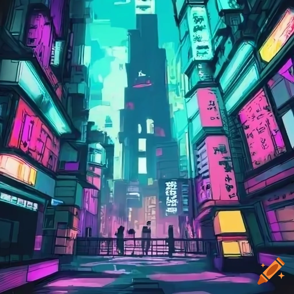 Up angle view of cyberpunk tokyo in anime style on Craiyon