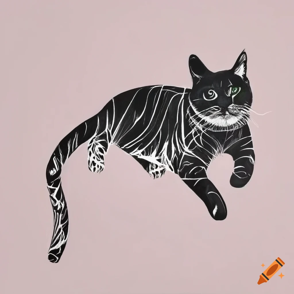 Minimalist single line drawing cat pouncing, black and white