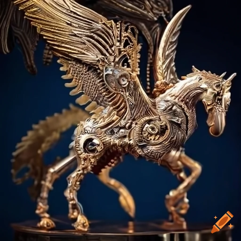 An intricate mechanical clockwork pegasus covered in metallic filigree ...