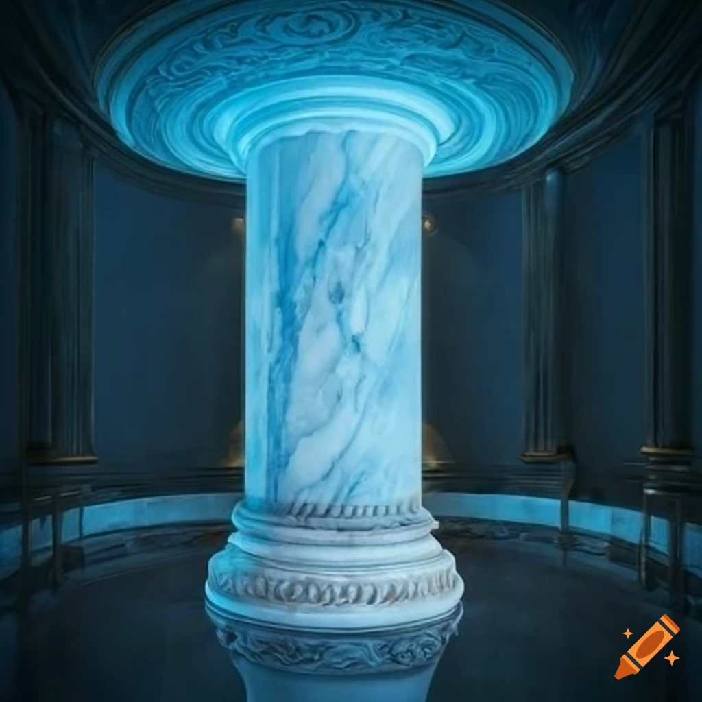 A single marble pillar in the center of a circular marble room