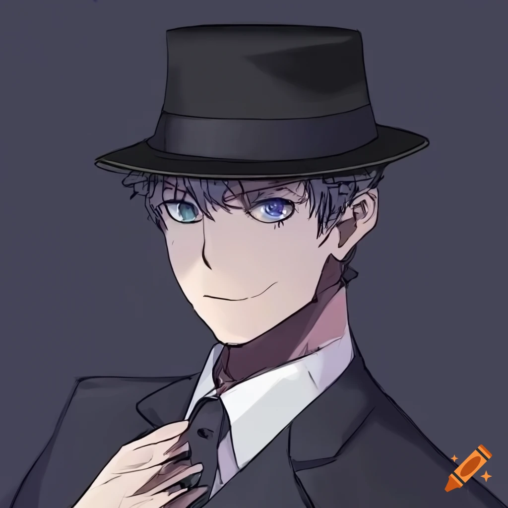Make a buisnessman in a suit. his skin color is white. he is wearing a  black fedora hat. he is drawn anime style on Craiyon