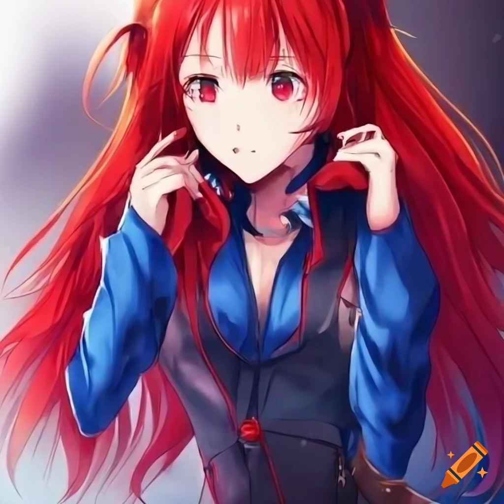 Anime girl with red and blue hair in a red and blue outfit
