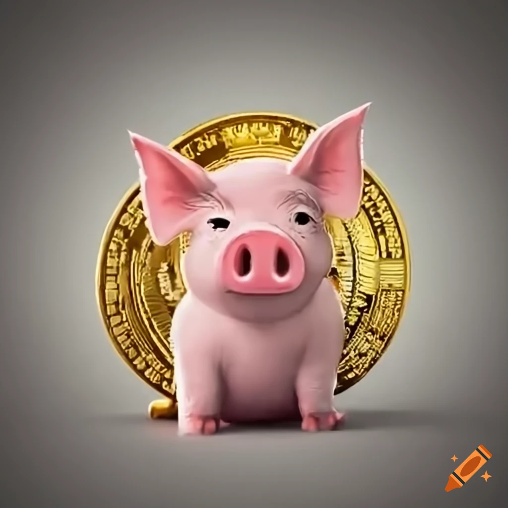 Little crypto pig hiding behind a big bitcoin coin on Craiyon