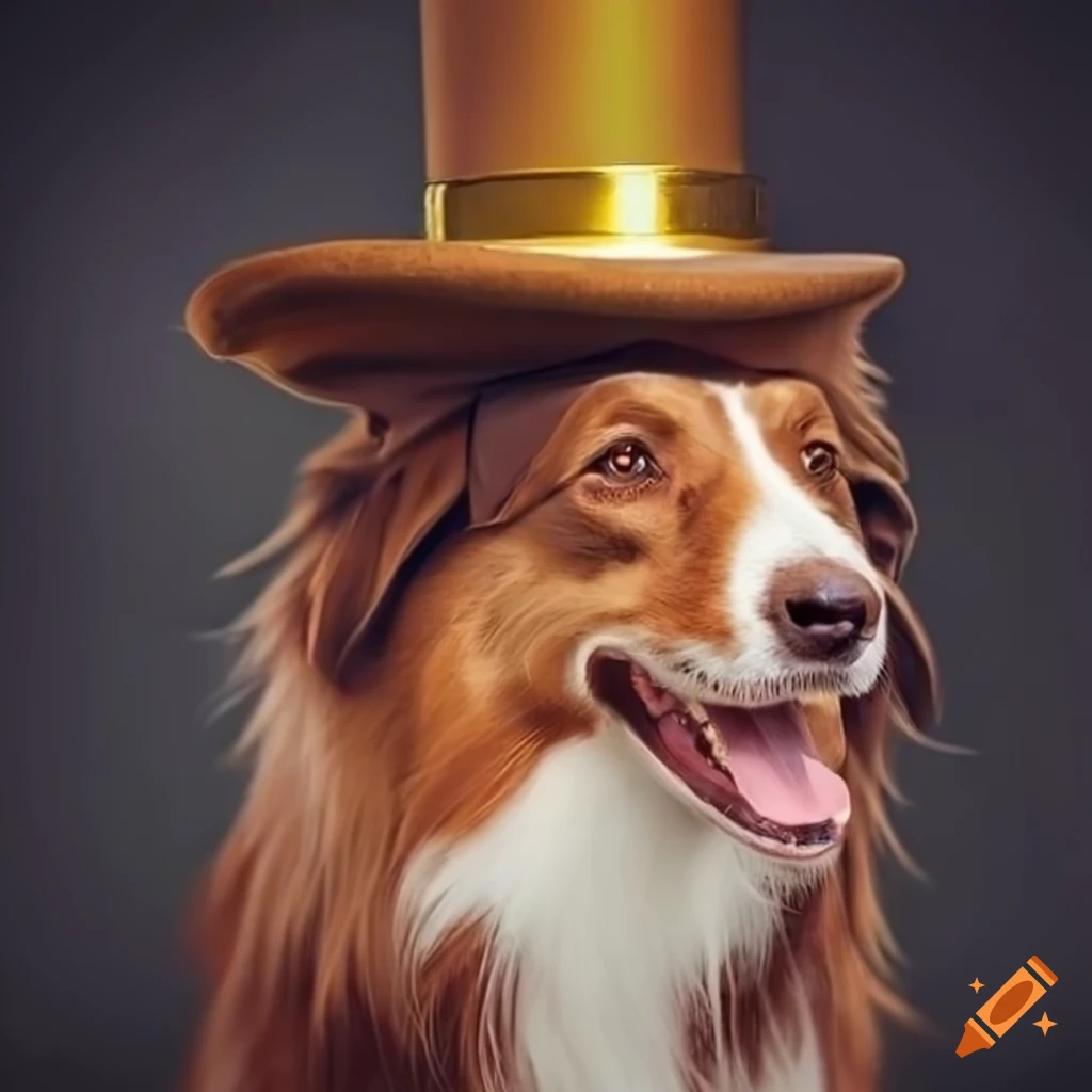 red border collie dog in gold glasses and cylinder hat