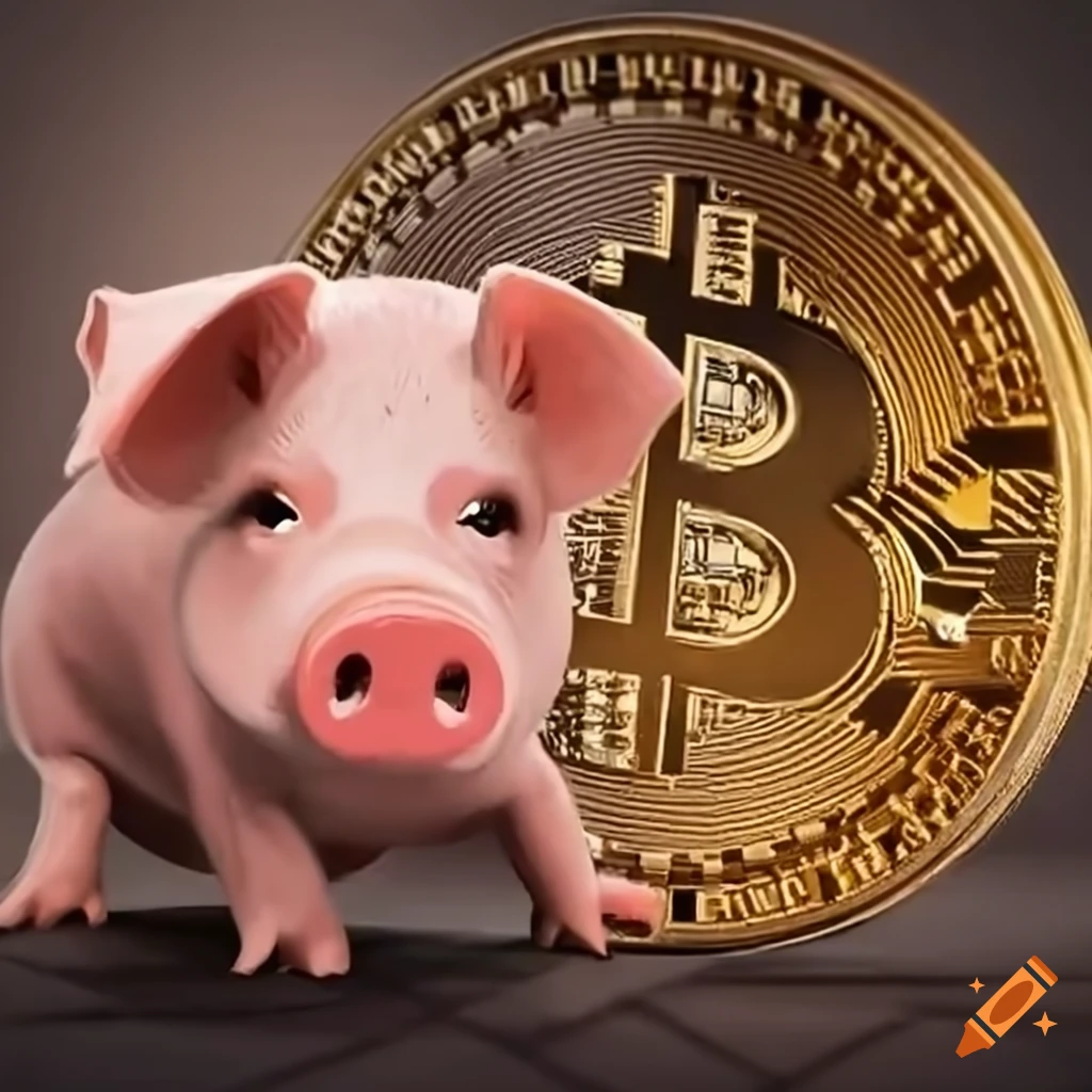 Little crypto pig hiding behind a big bitcoin coin on Craiyon