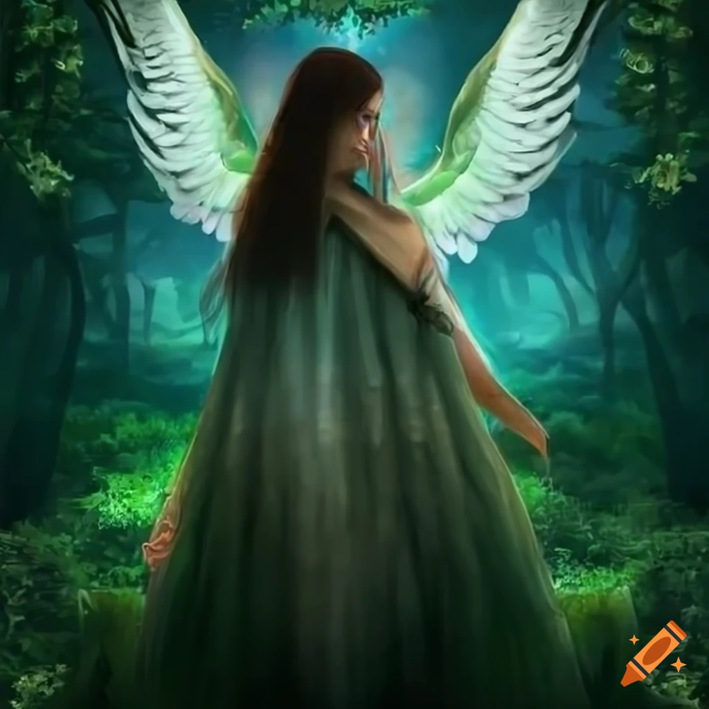 Fantasy character with four wings, overlooking a magical forest on Craiyon